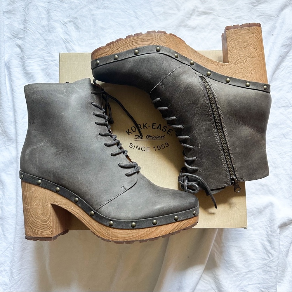 Kork-Ease Sherborn Dark Gray Chunky Block Heel Boot Studded Lace Up Bootie 11